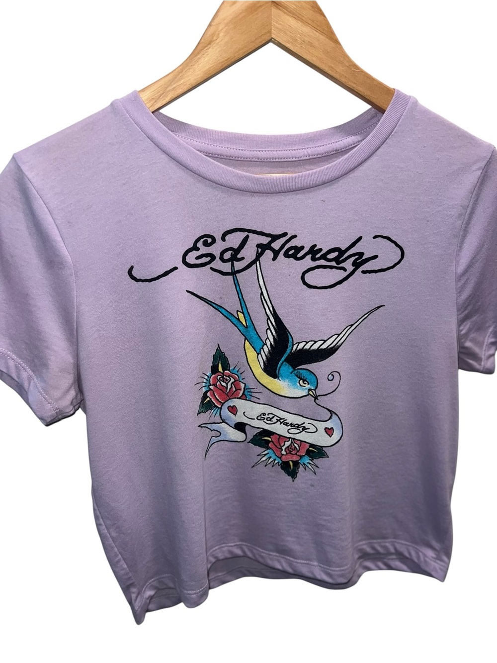 Ed Hardy Lavender Cropped Graphic Tee Swallow Bird Tattoo Y2K Women’s XL - Picture 3 of 6